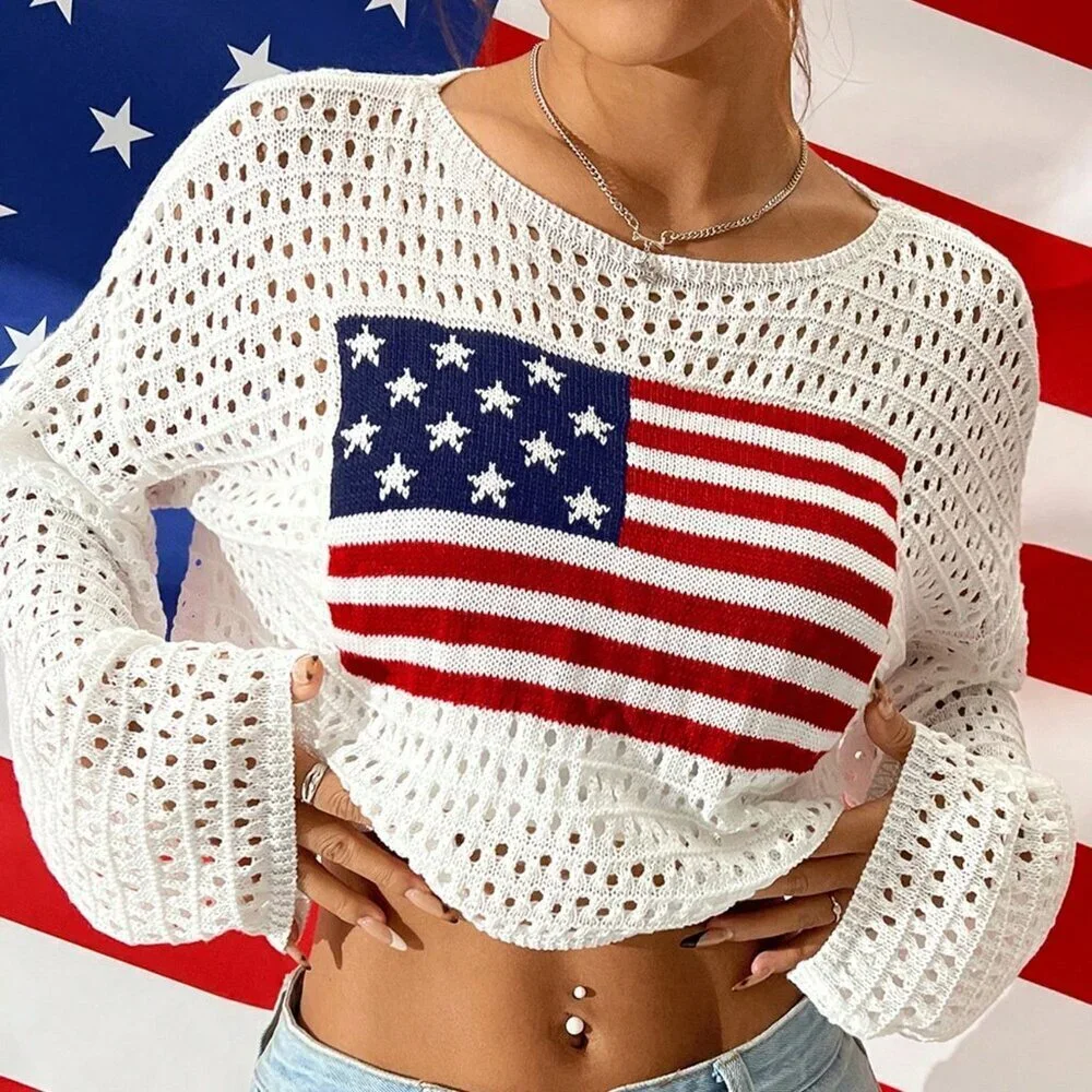 White Casual Women's Hollow Out Sweater With Flag Print Round Neck - Picture 1 of 7